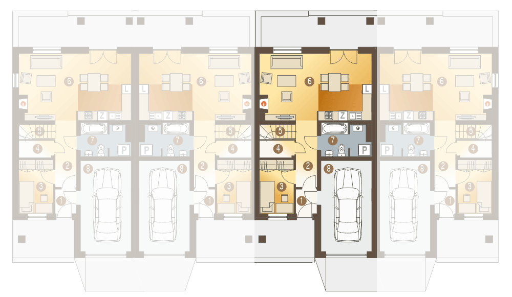 Parter projektu Norbert z garażem 1-st. szeregówka [A-SZ]
