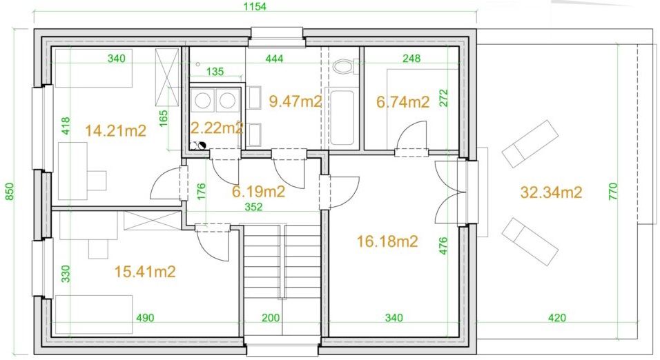Projekt domu eko Typowy 30 - rzut 1 piętra, dom liczy 5 pokoje, 2 łazienki i wc