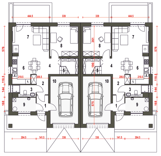 Parter projektu Mazurek III z garażem 1-st. bliźniak [A-BL1]