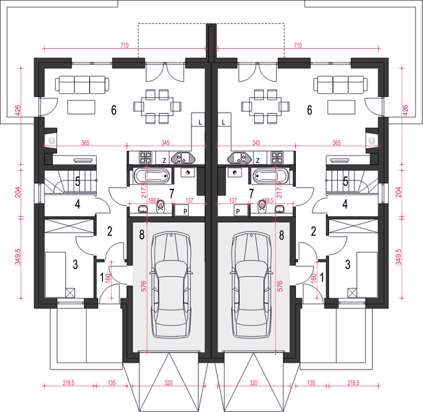 Parter projektu Zyta z garażem 1-st. bliźniak [A-BL]