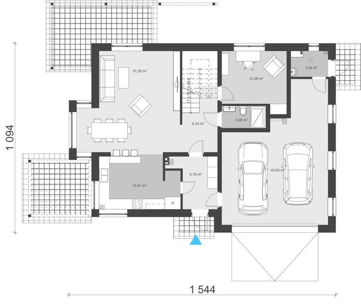 Projekt domu uA33 - rzut parteru, dom liczy 5 pokoje, 2 łazienki i wc