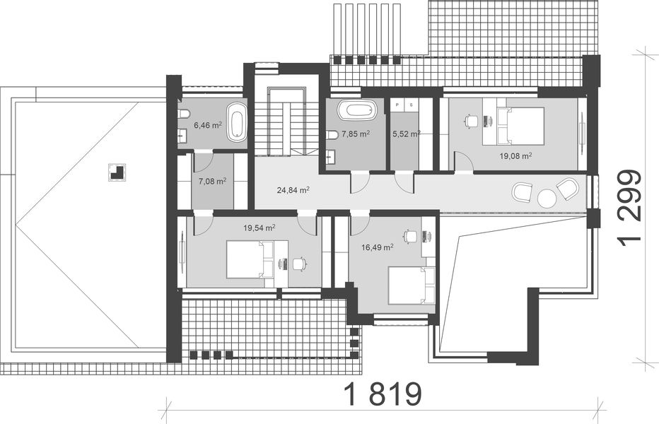 Projekt domu uA82 - rzut 1 piętra, dom liczy 4 pokoje, 3 łazienki i wc