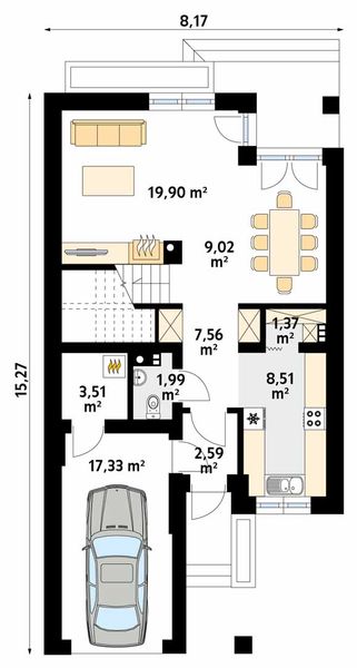 Projekt domu Limba W2 - rzut parteru, dom liczy 3 pokoje, 2 łazienki i wc