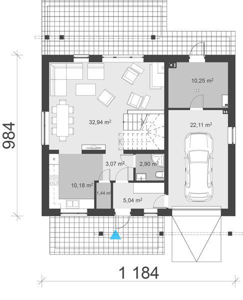Projekt domu uA87 - rzut parteru, dom liczy 3 pokoje, 3 łazienki i wc