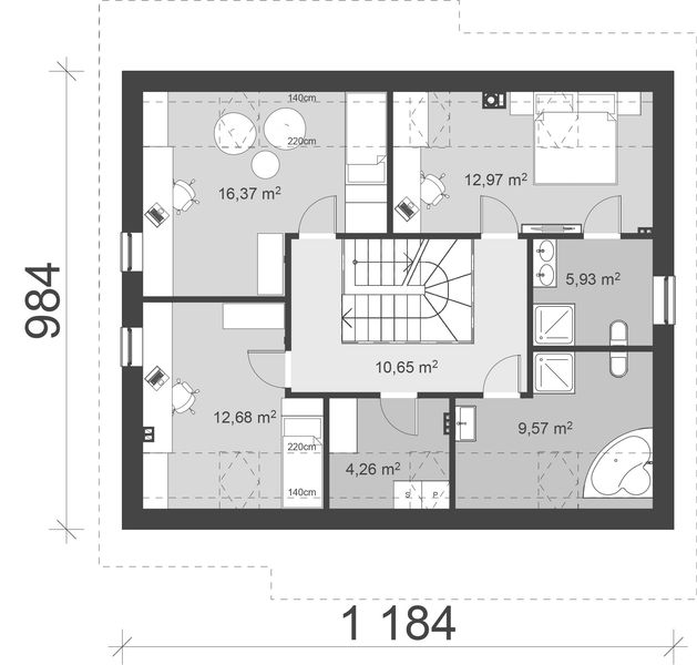 Projekt domu uA87 - rzut poddasza, dom liczy 3 pokoje, 3 łazienki i wc