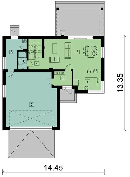 Projekt domu KA76 - rzut parteru, dom liczy 4 pokoje, 2 łazienki i wc