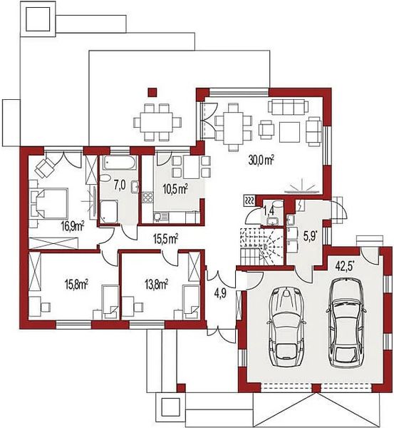 Projekt domu Evita Optima LUX - rzut parteru, dom liczy 5 pokoje, 3 łazienki i wc