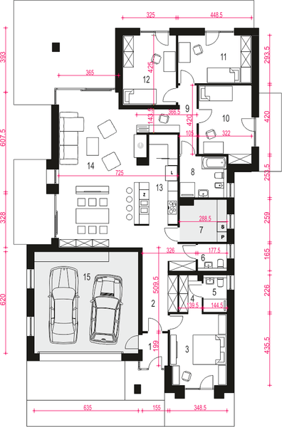 Parter projektu Galena z garażem 2-st. [A]