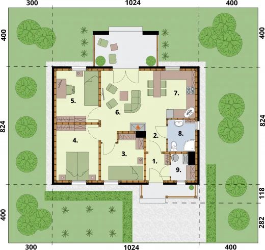 Parter projektu La Palma 2 C szkielet drewniany dom mieszkalny ogrzewanie kominek z płaszczem