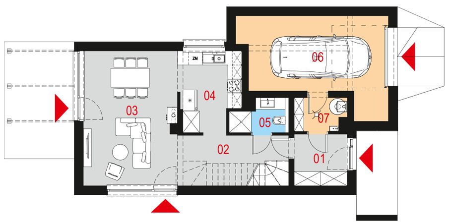 Projekt domu Amoenus I G1 - rzut parteru, dom liczy 3 pokoje, 2 łazienki i wc