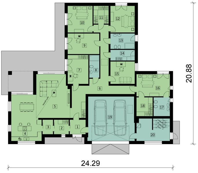 Projekt domu KA108 - rzut parteru, dom liczy 6 pokoje, 3 łazienki i wc