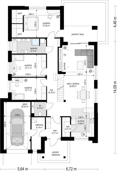 Parter projektu Parterowy wąski 2 wariant B