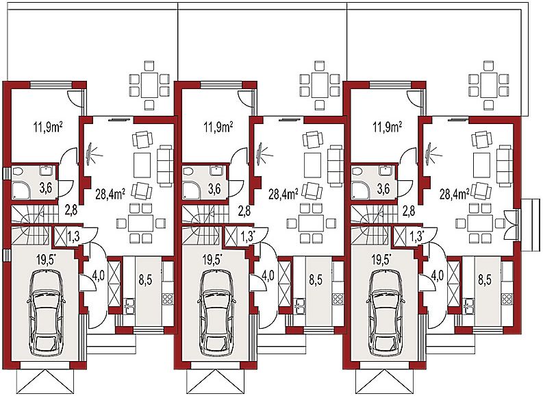 Projekt domu Adam szeregówka - rzut parteru, dom liczy 4 pokoje, 2 łazienki i wc