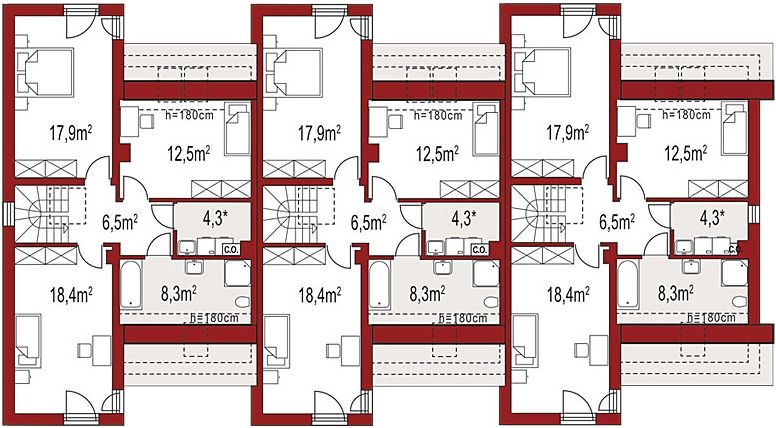 Projekt domu Adam szeregówka - rzut poddasza, dom liczy 4 pokoje, 2 łazienki i wc
