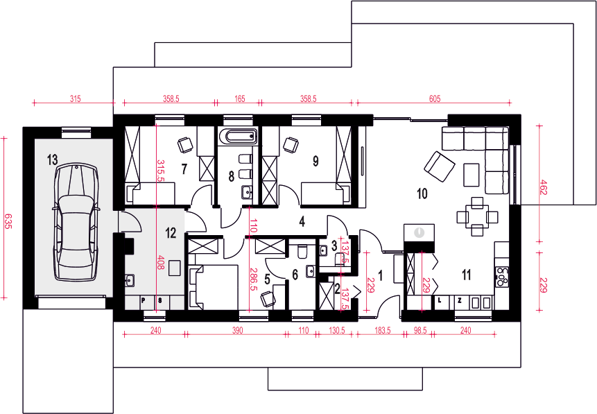Parter projektu Żurawinka II z garażem 1-st. [A]