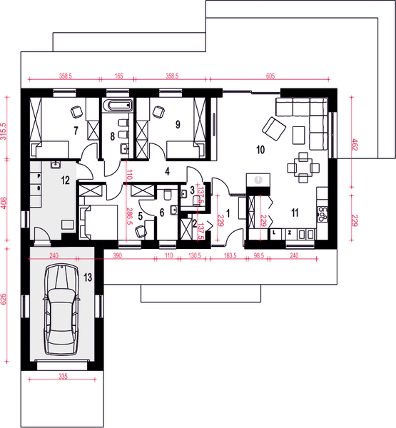 Parter projektu Żurawinka II z garażem 1-st. [A1]