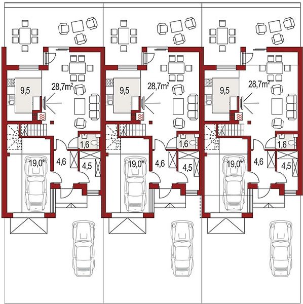 Projekt domu Andrzej szeregówka - rzut parteru, dom liczy 3 pokoje, 1 łazienki i wc