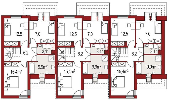 Projekt domu Andrzej szeregówka - rzut poddasza, dom liczy 3 pokoje, 1 łazienki i wc