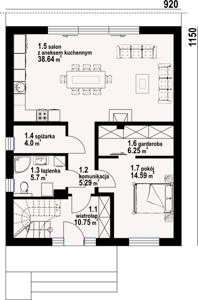 Projekt domu Grochowice 55m - rzut parteru, dom liczy 4 pokoje, 3 łazienki i wc