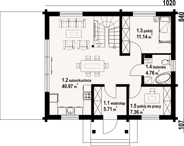 Projekt domu Paczków 55dw - rzut parteru, dom liczy 6 pokoje, 2 łazienki i wc