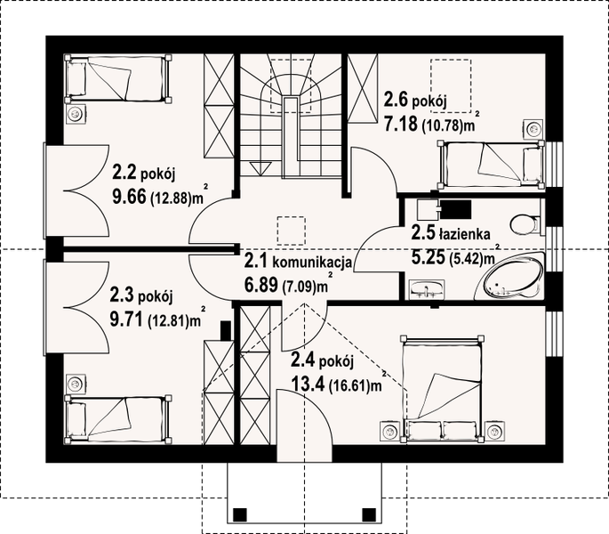 Projekt domu Paczków 55dw - rzut poddasza, dom liczy 6 pokoje, 2 łazienki i wc