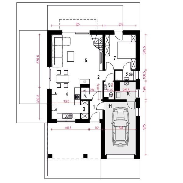 Parter projektu Nowalia II z garażem 1-st. [A1]