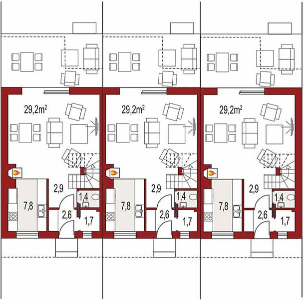 Projekt domu Katrina szeregówka - rzut parteru, dom liczy 4 pokoje, 2 łazienki i wc