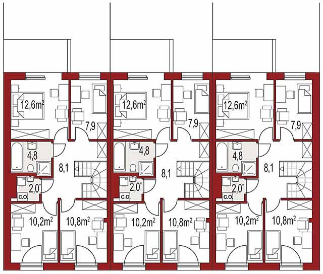 Projekt domu Katrina szeregówka - rzut poddasza, dom liczy 4 pokoje, 2 łazienki i wc