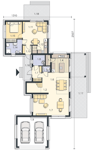 Projekt domu Pacifica II DCP362a - rzut parteru, dom liczy 4 pokoje, 4 łazienki i wc