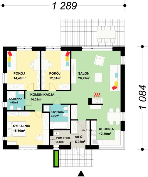 Projekt domu TK18 - rzut parteru, dom liczy 3 pokoje, 2 łazienki i wc