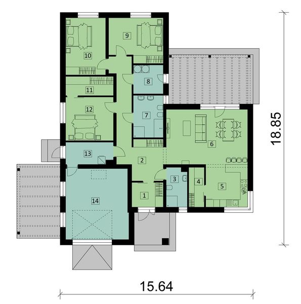 Projekt domu KA133 - rzut parteru, dom liczy 3 pokoje, 2 łazienki i wc