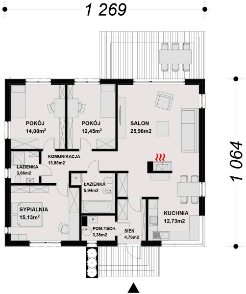 Projekt domu TK118 - rzut parteru, dom liczy 3 pokoje, 2 łazienki i wc