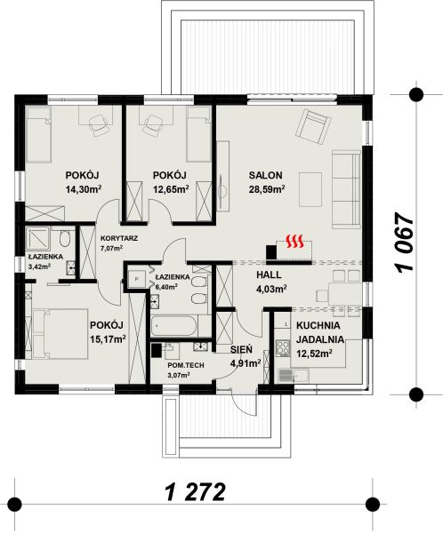 Projekt domu TK134D - rzut parteru, dom liczy 3 pokoje, 2 łazienki i wc