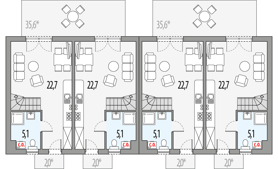 Parter projektu Morski 1 - bliźniak dwulokalowy l+sl+s+ll