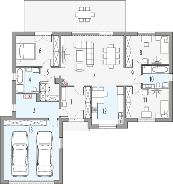 Projekt domu Simple 5-30 - rzut parteru, dom liczy 3 pokoje, 2 łazienki i wc