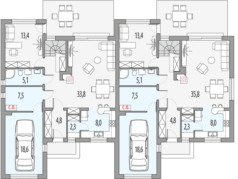 Parter projektu Vivien A - dwulokalowy L+P
