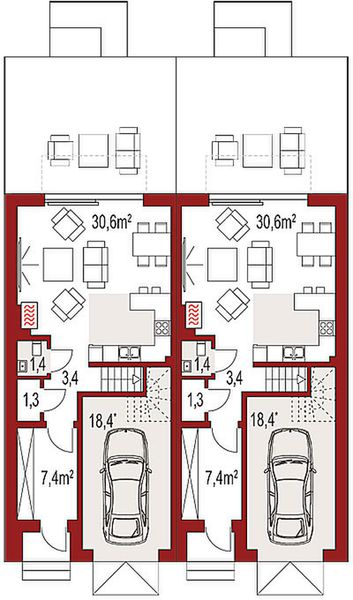 Parter projektu Diana 2 dwurodzinny (jednorodzinny dwulokalowy)