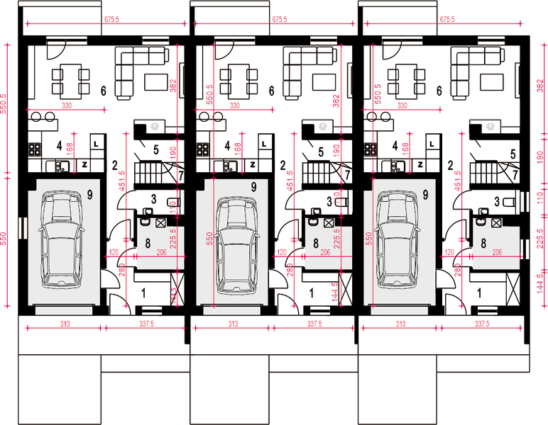 Parter projektu Głuszec III Mode z garażem 1-st. szeregówka [A-SZ]