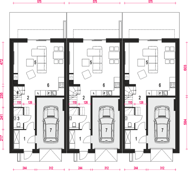 Parter projektu Jukka II z garażem 1-st. szeregówka [A-SZ]