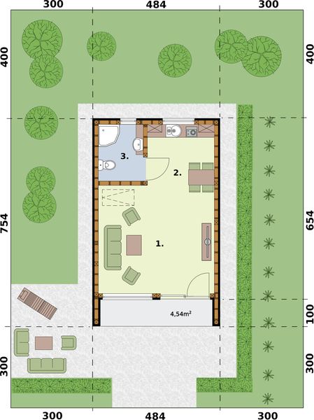 Parter projektu Moca A szkielet drewniany dom letniskowy na zgłoszenie do 35m2