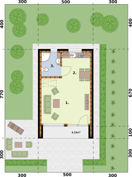 Parter projektu Moca A OC szkielet drewniany dom letniskowy na zgłoszenie do 35m2