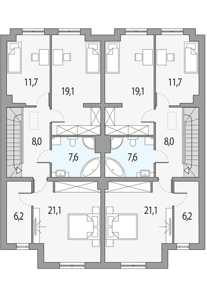 Piętro 1 projektu Konrad 2 - dwulokalowy pl+p