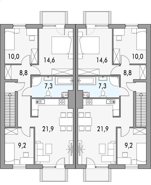 Piętro 1 projektu Merlin 1 - bliźniak dwulokalowy pl+p