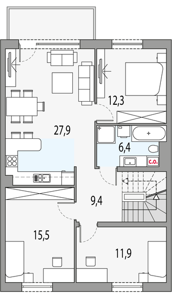 Piętro 1 projektu Merlin 3 - dwulokalowy segment s