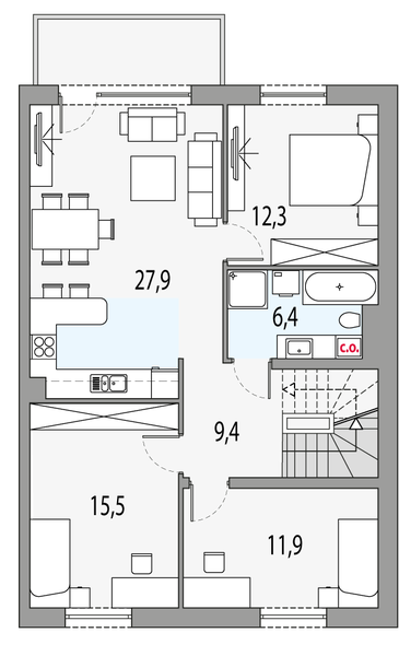 Piętro 1 projektu Merlin 3 - dwulokalowy segment p
