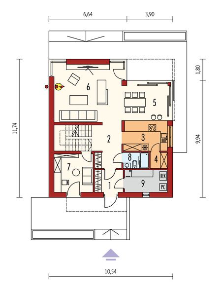 Projekt domu Mini 13 PLUS (wersja B) energo plus - rzut parteru, dom liczy 4 pokoje, 2 łazienki i wc
