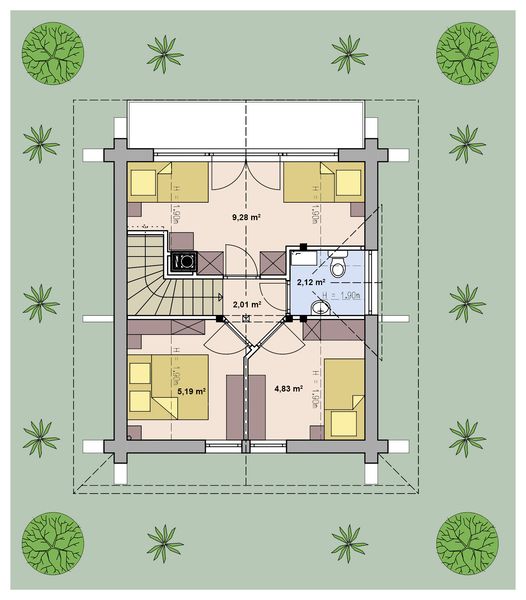 Projekt domu L-305 z bali - rzut poddasza, dom liczy 3 pokoje, 2 łazienki i wc