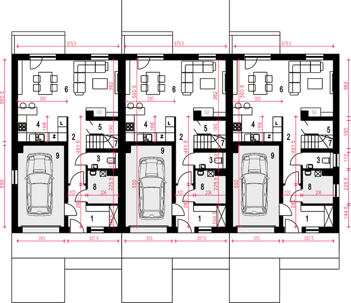 Parter projektu Głuszec III z garażem 1-st. szeregówka [A-SZ]