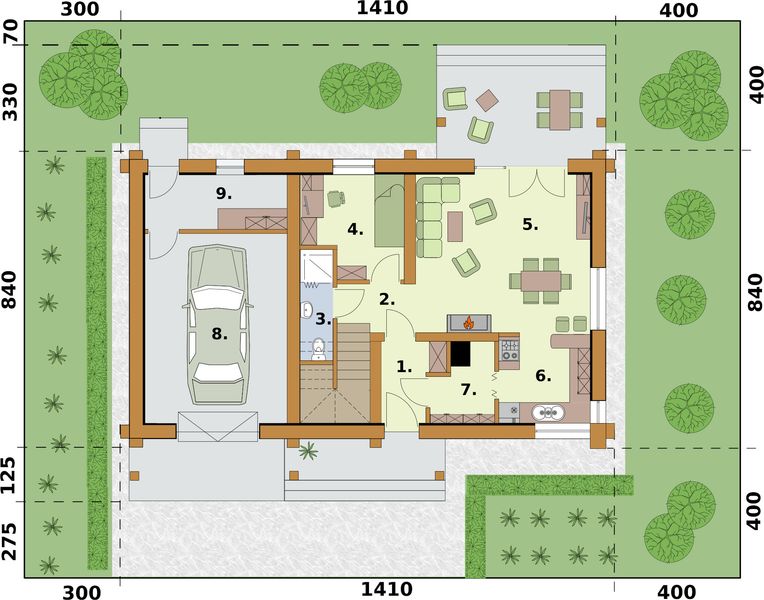 Projekt domu Sevilla 3A bale drewniane z pojedynczym garażem - rzut parteru, dom liczy 4 pokoje, 2 łazienki i wc