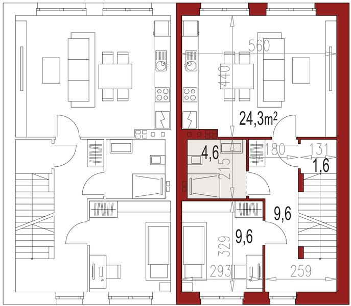 Piętro 1 projektu Duo 48+82 jednorodzinny dwulokalowy bliźniak